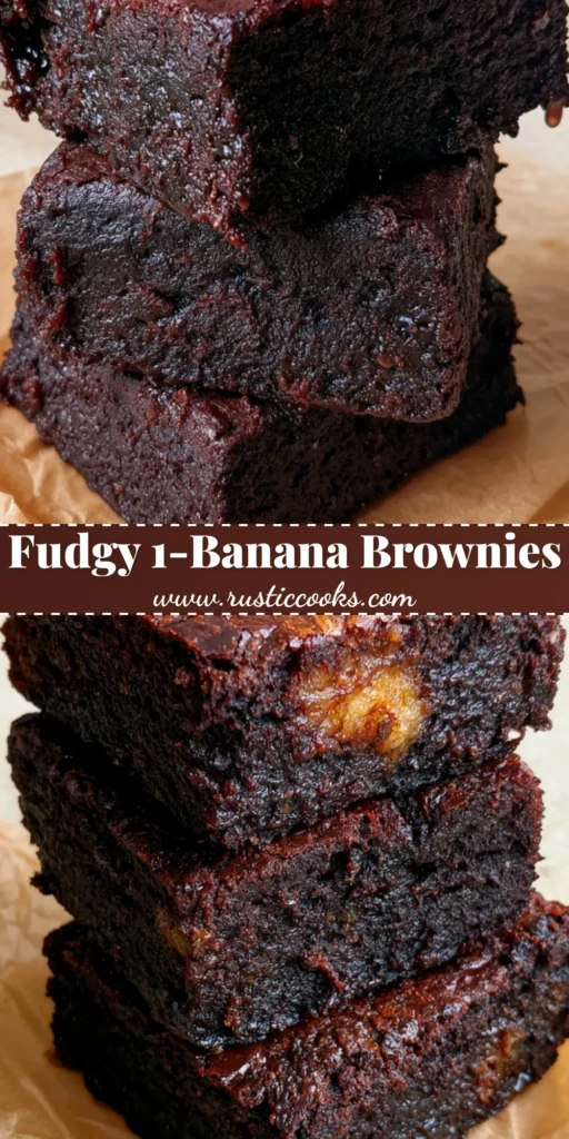Banana Brownies: The Ultimate Fudgy Dark Chocolate Treat with a Shiny Crackle Crust 4 A stack of three thick, square-cut chocolate banana brownies with a shiny crackle crust and banana swirls. (Banana Brownies)