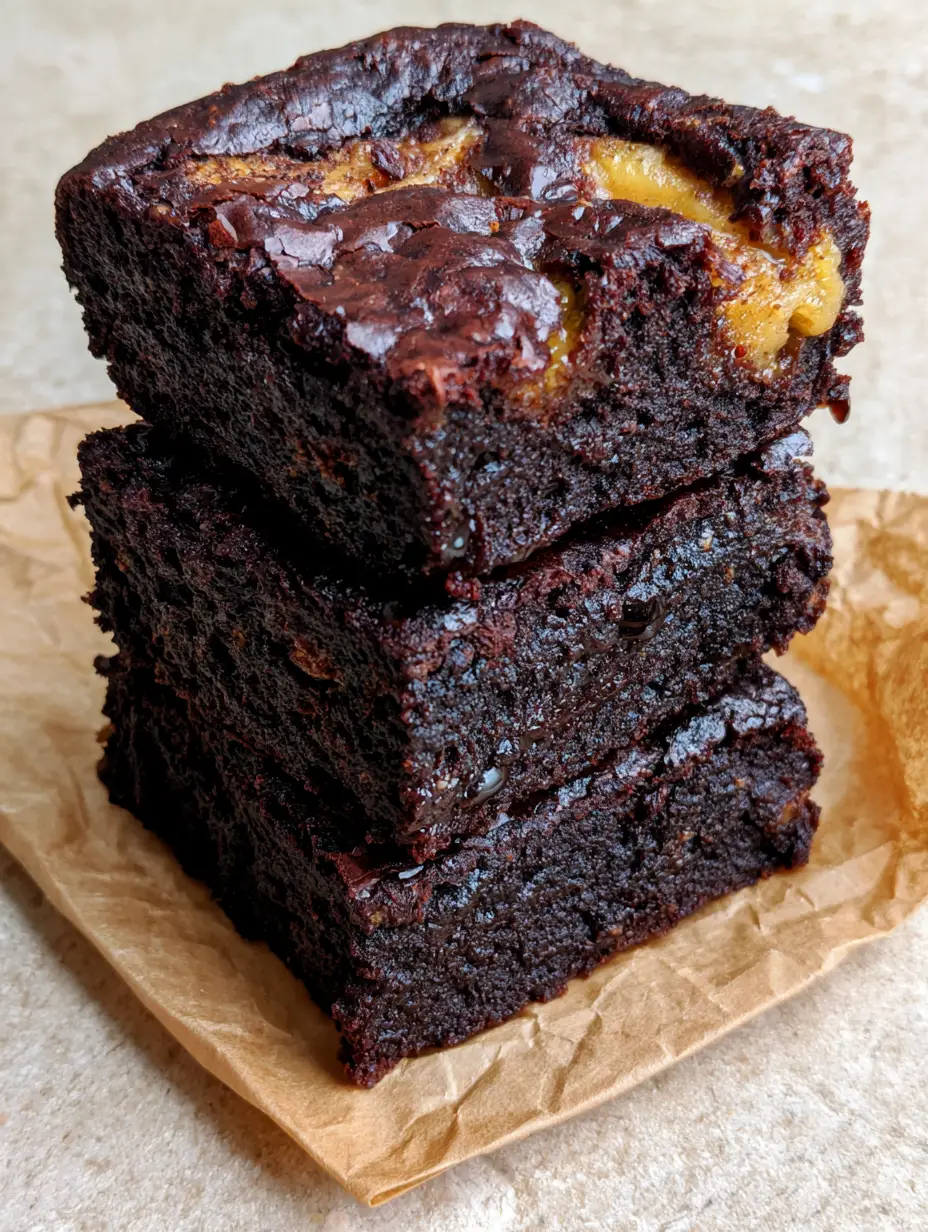 Banana Brownies: The Ultimate Fudgy Dark Chocolate Treat with a Shiny Crackle Crust 3 Close up of Banana Brownies on crumpled brown parchment paper showing moist fudgy interior. (Banana Brownies)