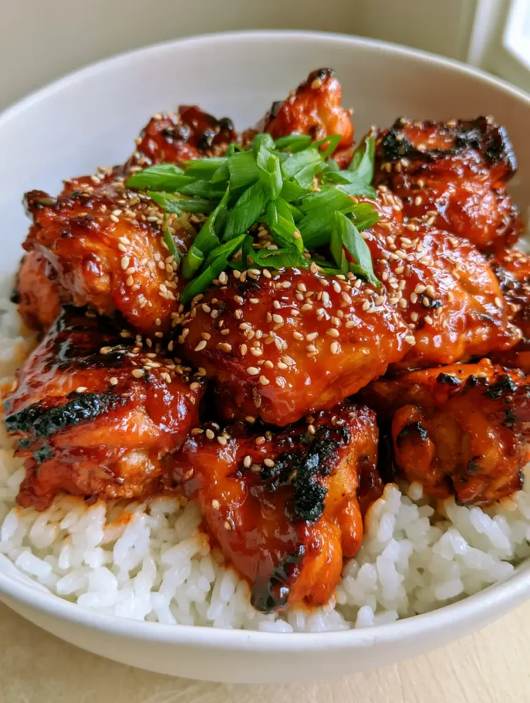 Steaming bowl of spicy Korean chicken with green onions and white sesame seeds on a light wood background.