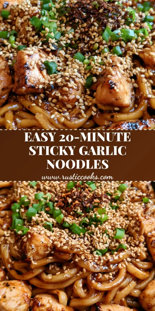 A close-up shot of Sticky Garlic Chicken Noodles in a dark bowl with glossy sauce, charred chicken, and sesame seeds.