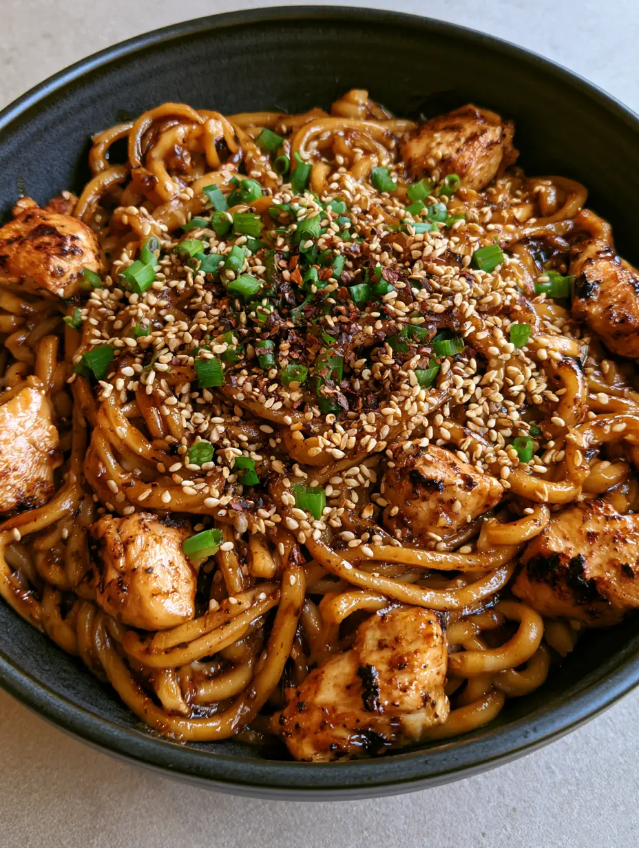 Top down handheld photo of Sticky Garlic Chicken Noodles with thick noodles and dark garlic glaze.
