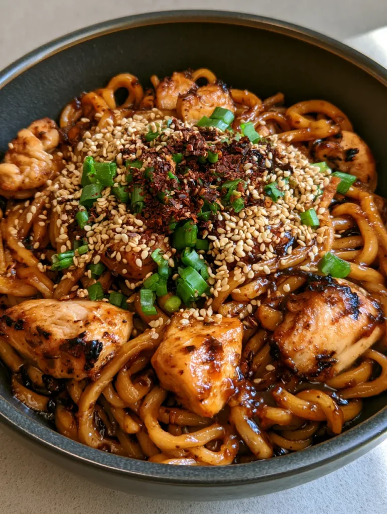 Side view of a ceramic bowl filled with chicken noodles, topped with scallions and red pepper flakes.