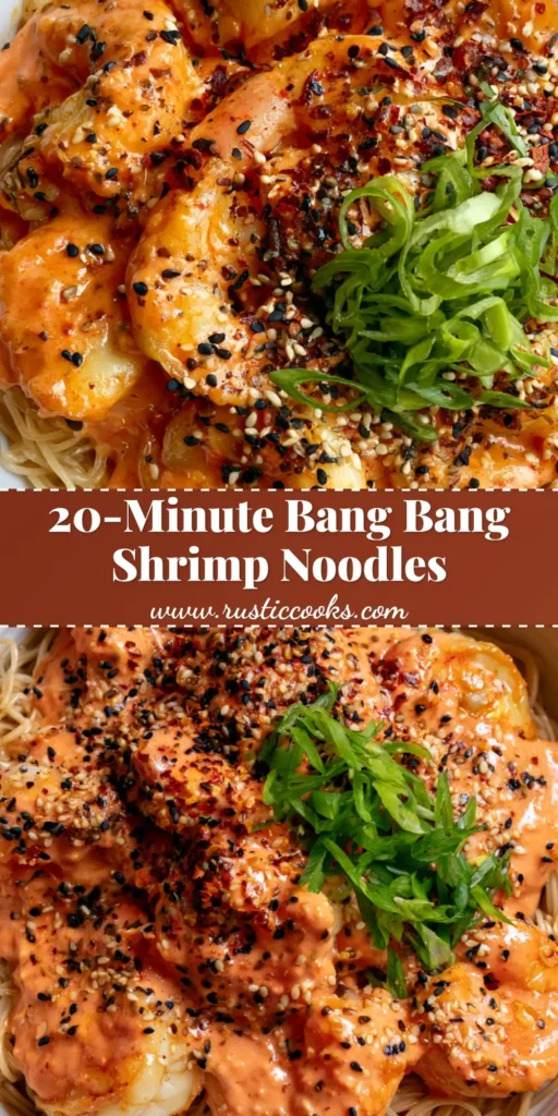 A top-down view of a white ceramic bowl filled with glossy wheat noodles and seared shrimp coated in creamy pink Bang Bang sauce, topped with sesame seeds and scallions. (Bang Bang Shrimp Noodle Bowl)