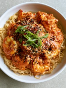 Close-up of succulent seared shrimp heavily coated in a thick, glossy orange-pink sriracha mayo sauce. (Bang Bang Shrimp Noodle Bowl)