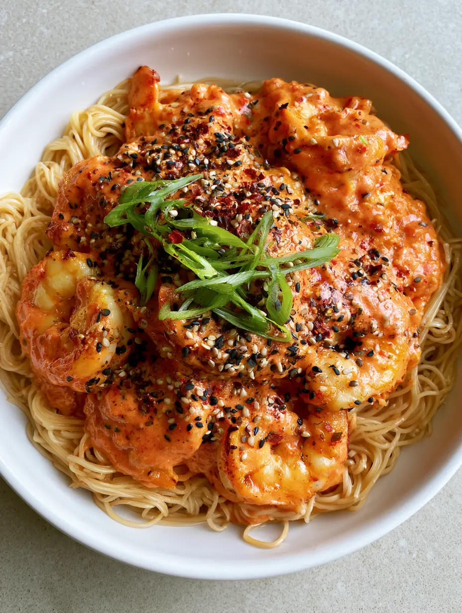 Close-up of succulent seared shrimp heavily coated in a thick, glossy orange-pink sriracha mayo sauce. (Bang Bang Shrimp Noodle Bowl)