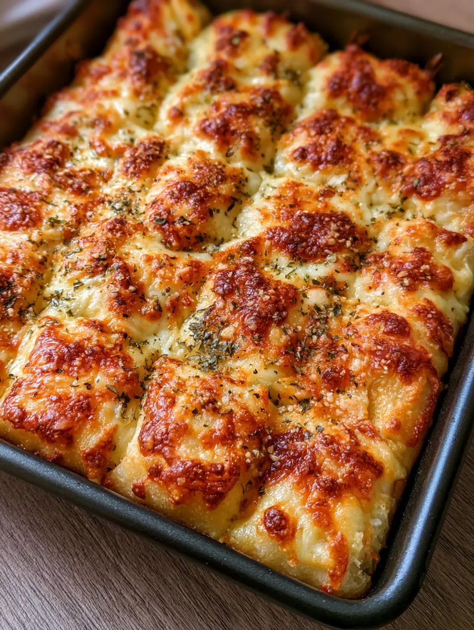 Handheld smartphone photo of freshly baked cheesy breadsticks with charred cheese spots in a metal pan. (Pizza Hut Cheese Sticks Recipe)