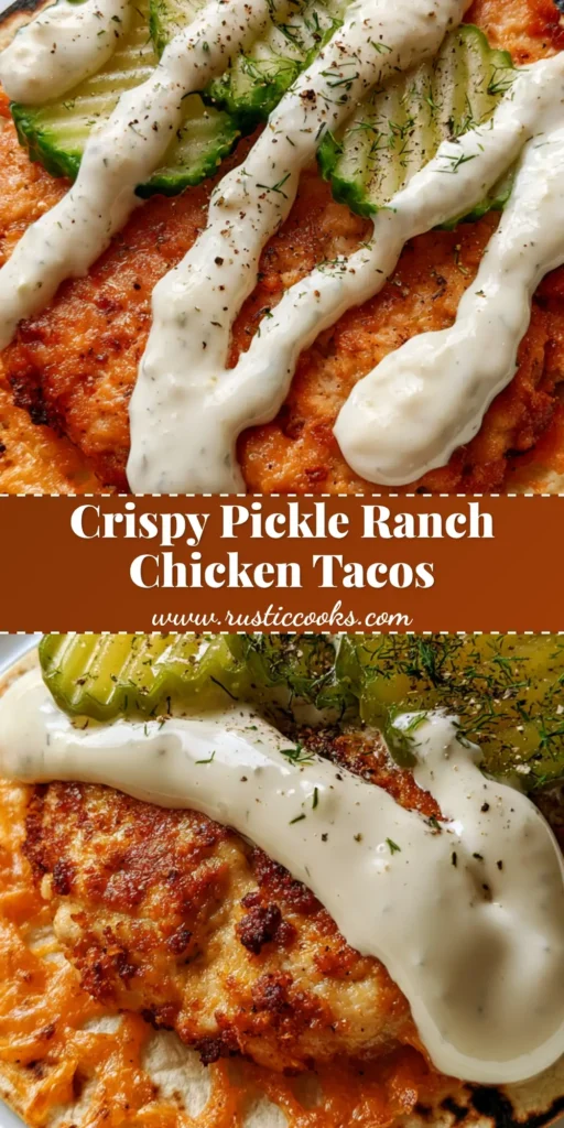 A handheld smash chicken taco on a charred flour tortilla with a crispy cheddar cheese lace, topped with crinkle-cut pickles and ranch. (Dill Pickle Ranch Chicken Tacos)