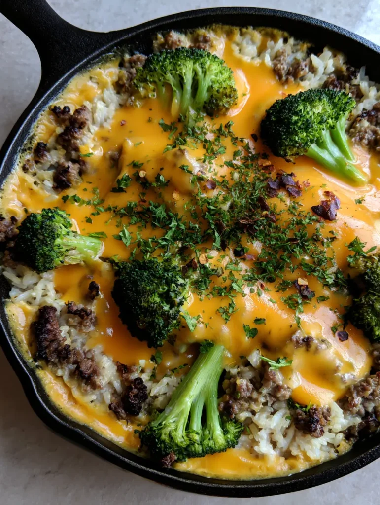 Cheesy Beef and Broccoli Rice: The Ultimate One-Skillet Comfort Meal 1 Bubbling cheese sauce at the edges of a cast iron skillet with Cheesy Beef and Broccoli Rice.