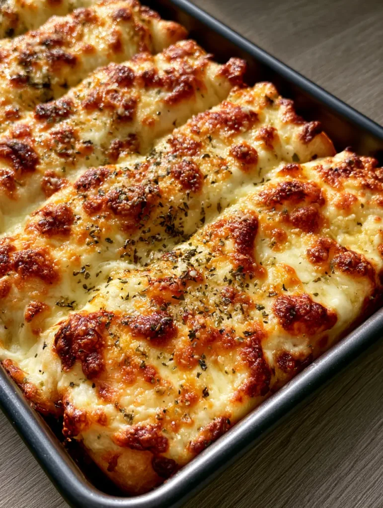 Detailed texture of melted mozzarella and parmesan with oregano flakes on a Pizza Hut Cheese Sticks Recipe.