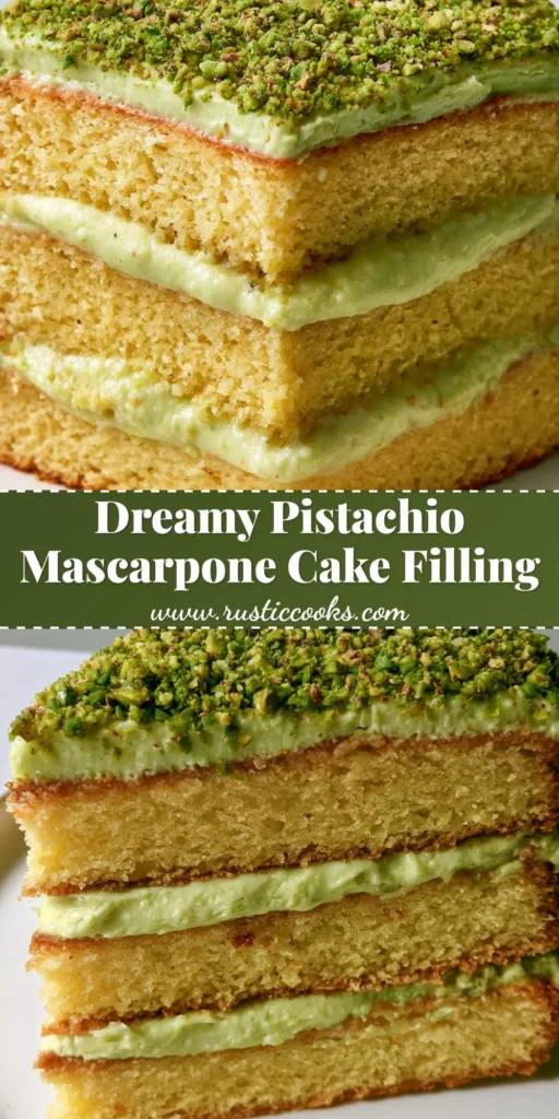 A close-up of a three-layered cake slice with golden sponge and pale green Pistachio Mascarpone Cake Filling on a white plate.
