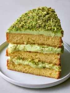Handheld smartphone photo of a golden sponge cake with pale green Pistachio Mascarpone Cake Filling and crushed pistachios.