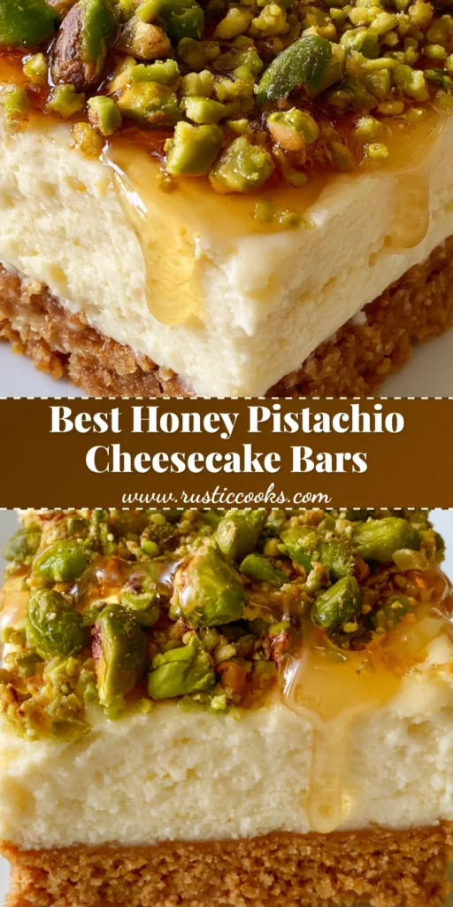 A close-up of a single rectangular Honey Pistachio Cheesecake Bar with a thick graham cracker crust, pale ivory cheesecake filling, and a topping of bright green pistachios and glossy honey.