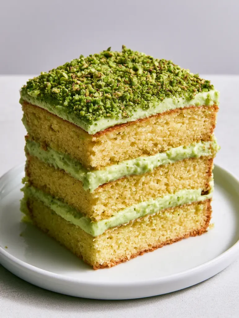 Side view of a three-layered pistachio cake showing the pale green filling and vibrant green roasted pistachio garnish.