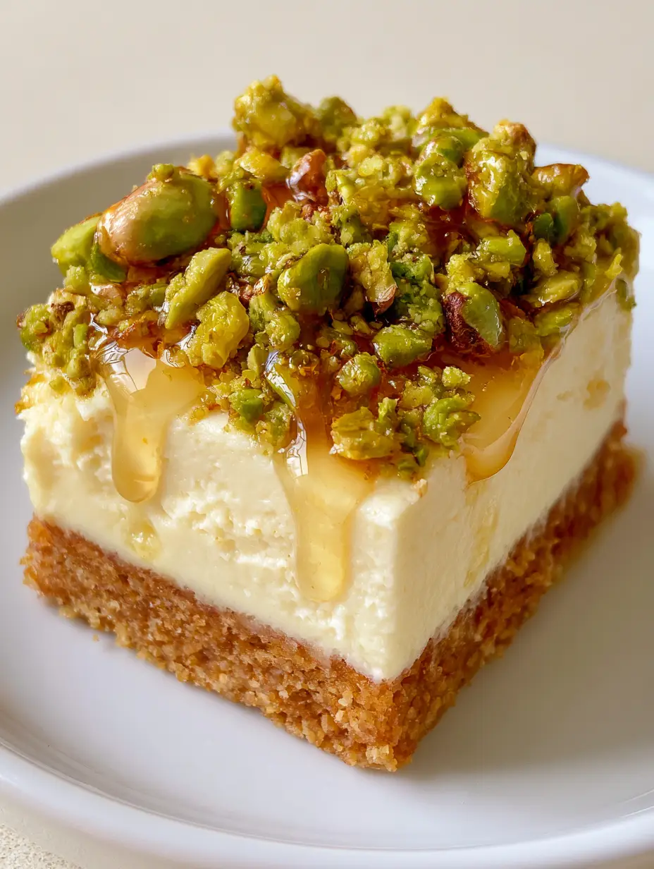 Handheld photo of a Honey Pistachio Cheesecake Bar showing the dense pale ivory filling and glossy amber honey drizzle.