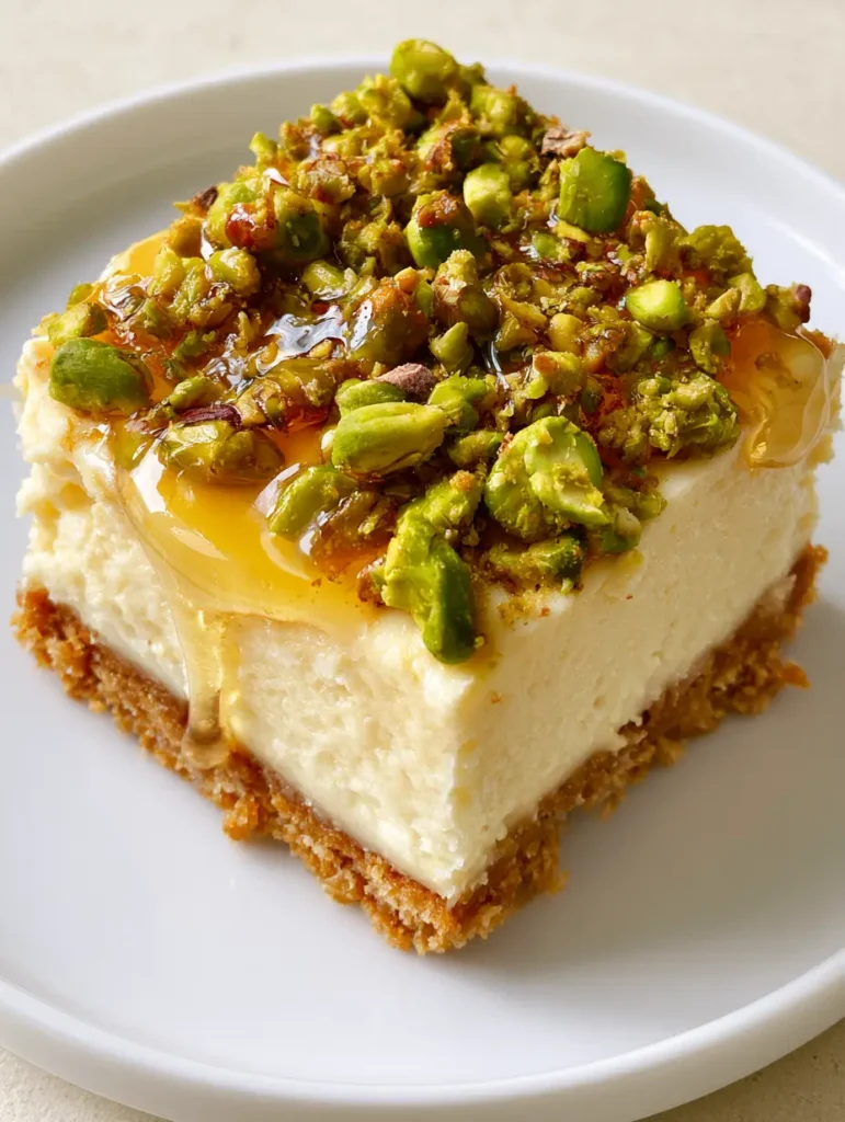 Top-down view of a Honey Pistachio Cheesecake Bar showcasing the emerald green roasted nuts and translucent honey coating.