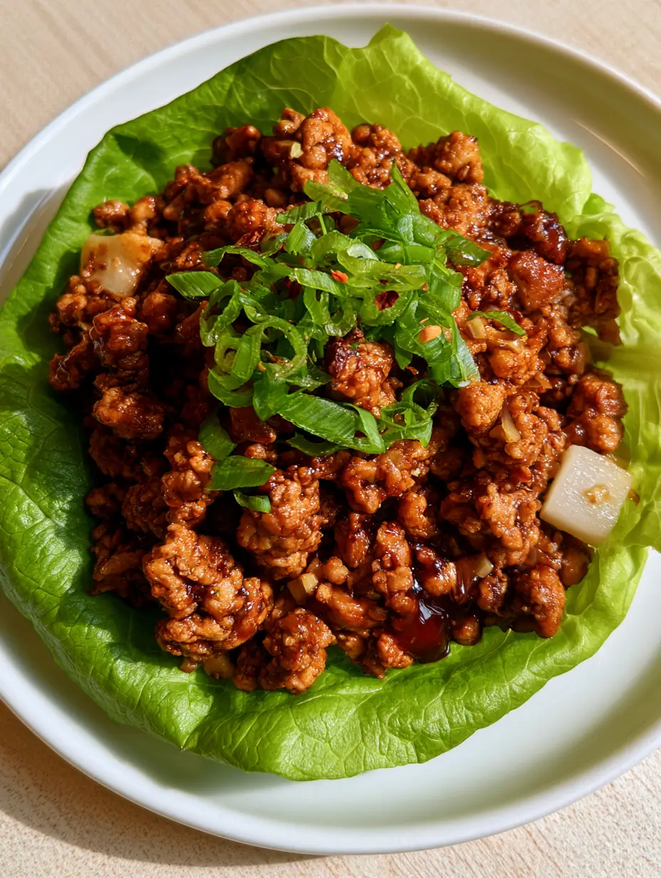 Top-down view of glazed chicken lettuce wraps featuring scallions and red pepper flakes. (Chicken Lettuce Wraps)
