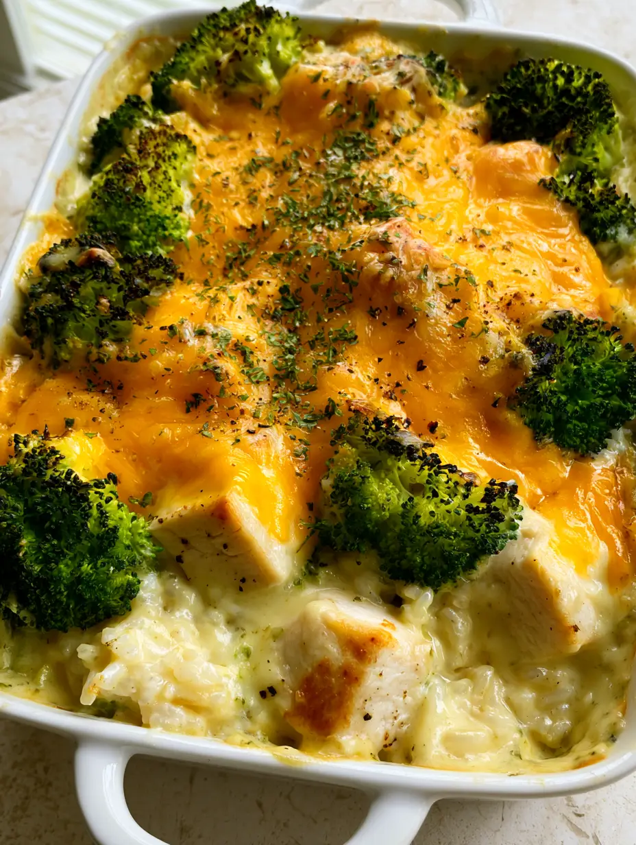 Chicken Broccoli Rice Casserole with Velvety Cream Sauce and Charred Broccoli 3 A rectangular white ceramic baking dish filled with Chicken Broccoli Rice Casserole, showcasing moist seared chicken and bright green broccoli.