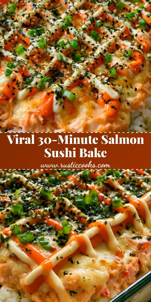 Salmon Sushi Bake: The Ultimate Creamy and Deconstructed Sushi Casserole 4 A handheld smartphone photo of a Salmon Sushi Bake in a rectangular glass dish featuring a cross-hatch mayo drizzle, sesame seeds, and green onions.