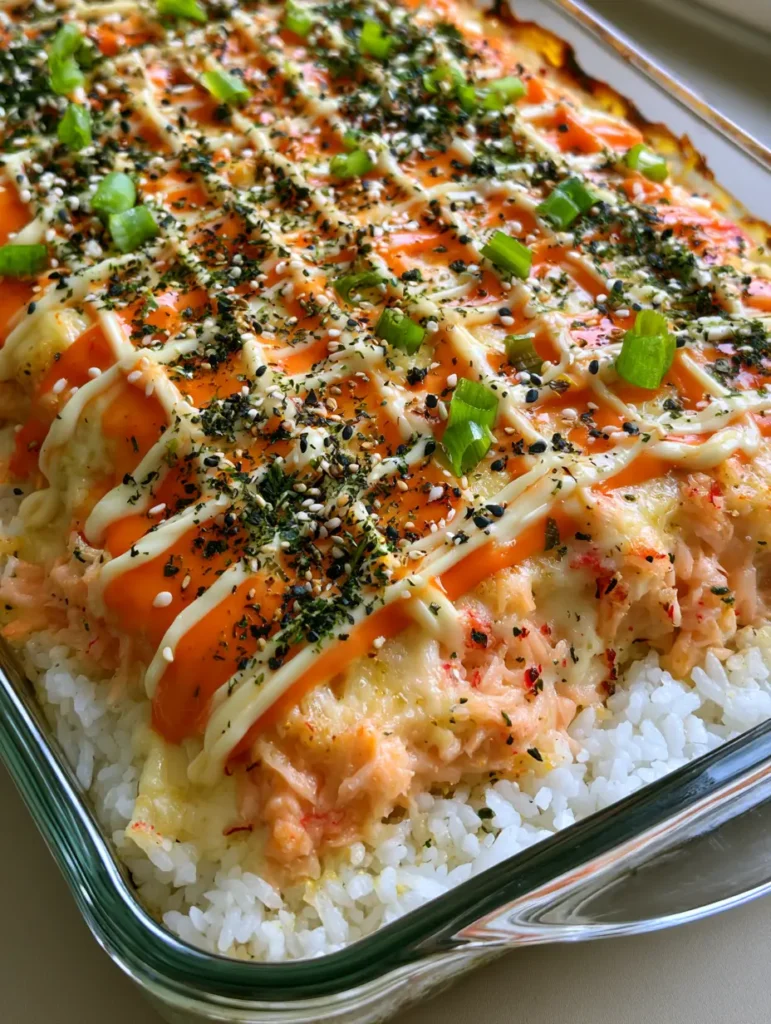 Salmon Sushi Bake: The Ultimate Creamy and Deconstructed Sushi Casserole 1 Close up of Salmon Sushi Bake layers including seasoned rice, salmon crab mixture, and fresh scallion garnish.