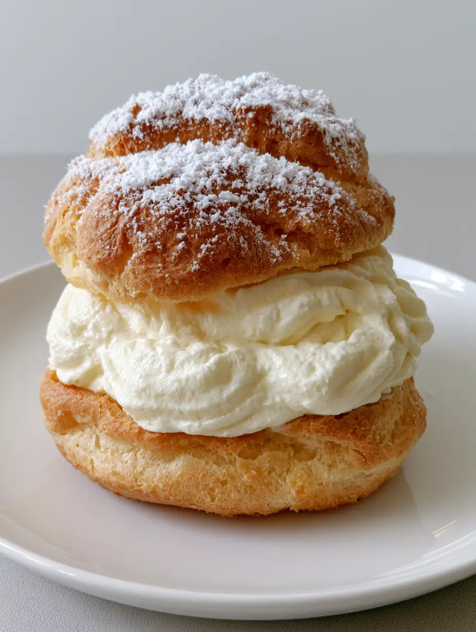 Cream Puffs Recipe: The Ultimate Guide to Airy, Bakery-Style Choux 3 A single golden-brown cream puff with crinkled texture sliced horizontally to reveal smooth white cream. (Cream Puffs Recipe)
