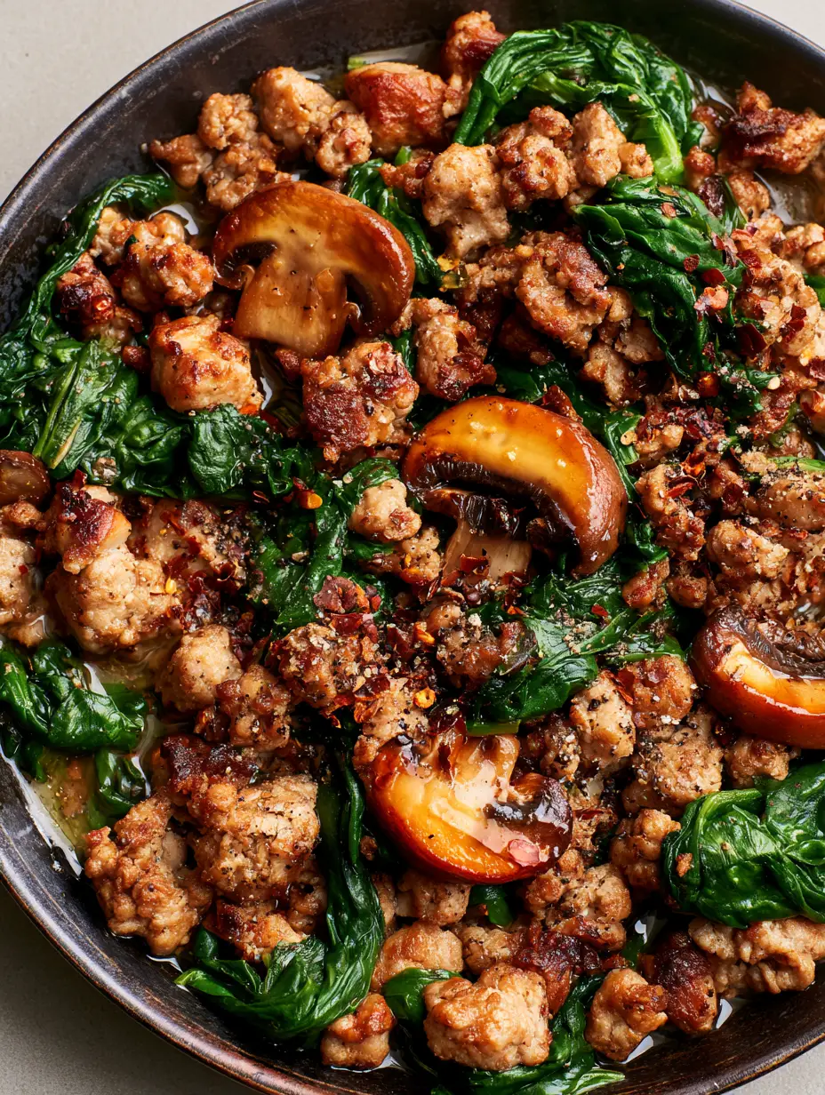 High-angle view of textured ground turkey crumbles and seared cremini mushrooms in a Turkey Spinach Mushroom Skillet.