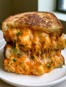 A close-up shot of the Buffalo Chicken Grilled Cheese interior, showing the melted strings of Monterey Jack and glossy orange buffalo sauce flecked with green scallions.