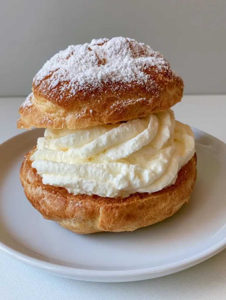 Cream Puffs Recipe: The Ultimate Guide to Airy, Bakery-Style Choux 1 Close-up of a cream puff with thick white vanilla cream mound and a dusting of powdered sugar.