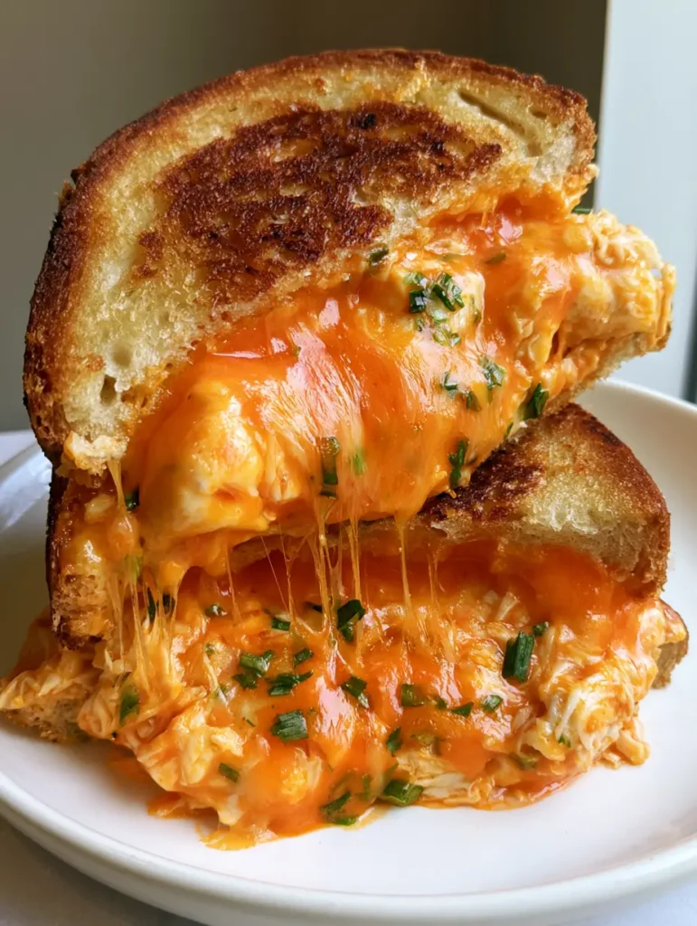 A top-down view of the butter-toasted sourdough bread with golden-brown finish and slight char marks, sliced diagonally to reveal the spicy chicken filling.