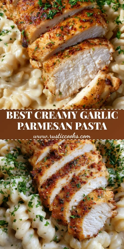 Creamy Garlic Parmesan Chicken Pasta: The Ultimate Restaurant-Quality Weeknight Meal 4 A handheld smartphone photo of Creamy Garlic Parmesan Chicken Pasta with rotini and golden-brown herb-crusted chicken on a charcoal plate.