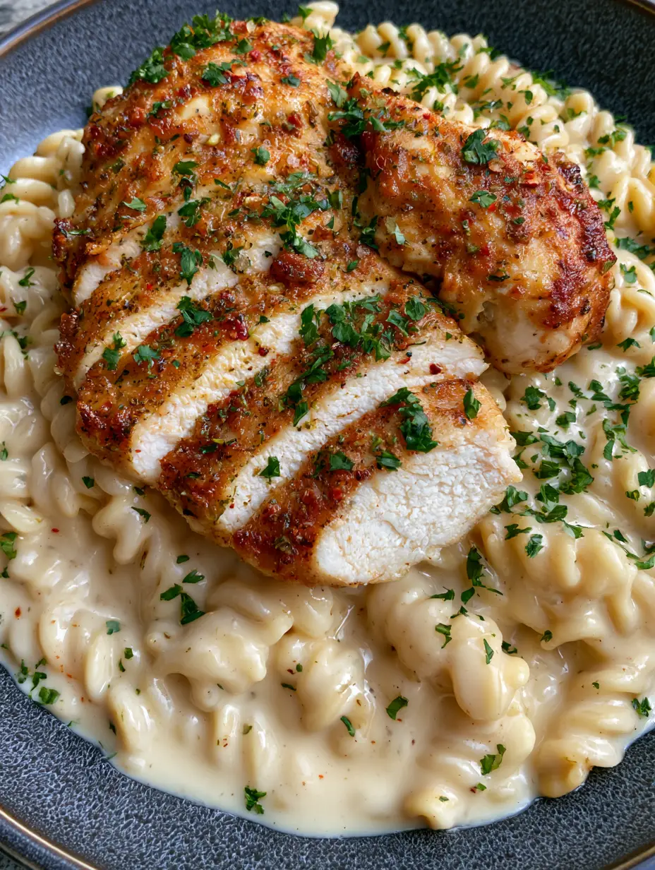 Creamy Garlic Parmesan Chicken Pasta: The Ultimate Restaurant-Quality Weeknight Meal 3 Close-up of glossy ivory-colored garlic parmesan cream sauce coating rotini pasta. (Creamy Garlic Parmesan Chicken Pasta)