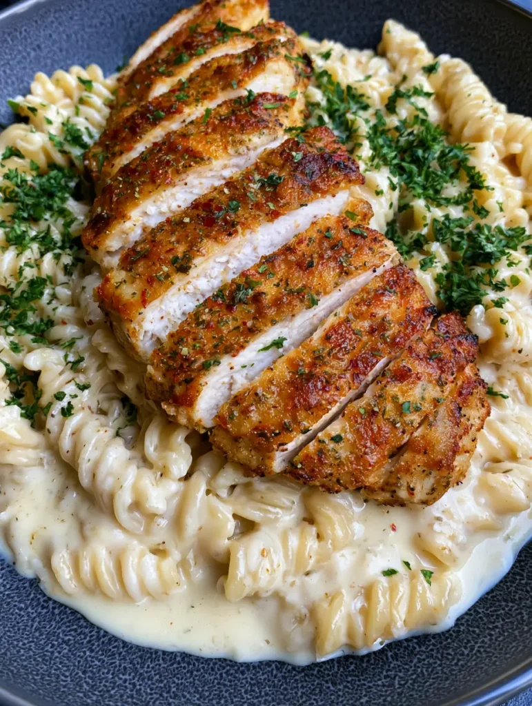 Creamy Garlic Parmesan Chicken Pasta: The Ultimate Restaurant-Quality Weeknight Meal 1 Sliced pan-seared chicken breast with a crispy golden-brown herb crust and red pepper flakes. (Creamy Garlic Parmesan Chicken Pasta)