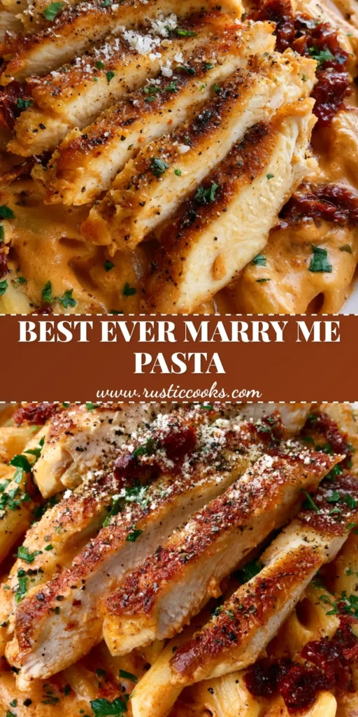 A shallow white bowl of penne pasta in a creamy orange sun-dried tomato sauce with seared chicken slices and parsley. (Marry Me Chicken Pasta)