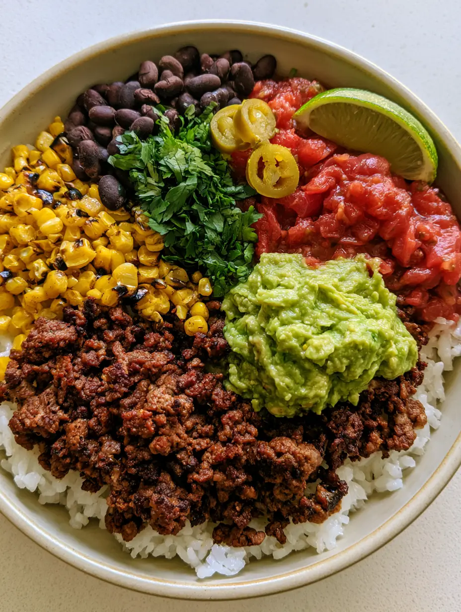 Healthy Taco Bowl Recipe: The Ultimate Guide to Crispy Beef and Charred Corn 3 Handheld smartphone photo of a round ceramic bowl filled with a Healthy Taco Bowl Recipe assembly including white rice and crisped beef.