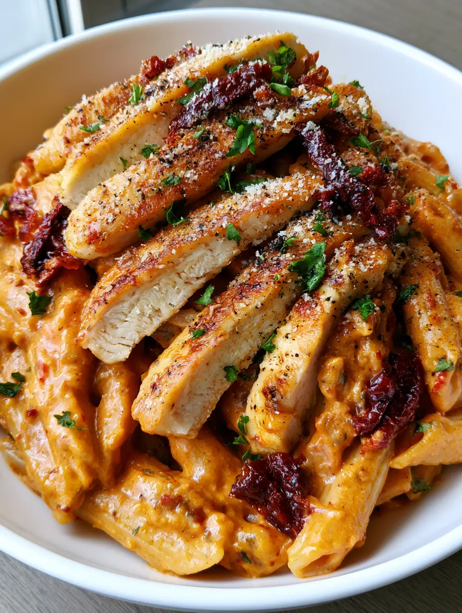 Close-up of velvety orange-hued sauce coating penne pasta with bits of sun-dried tomatoes. (Marry Me Chicken Pasta)