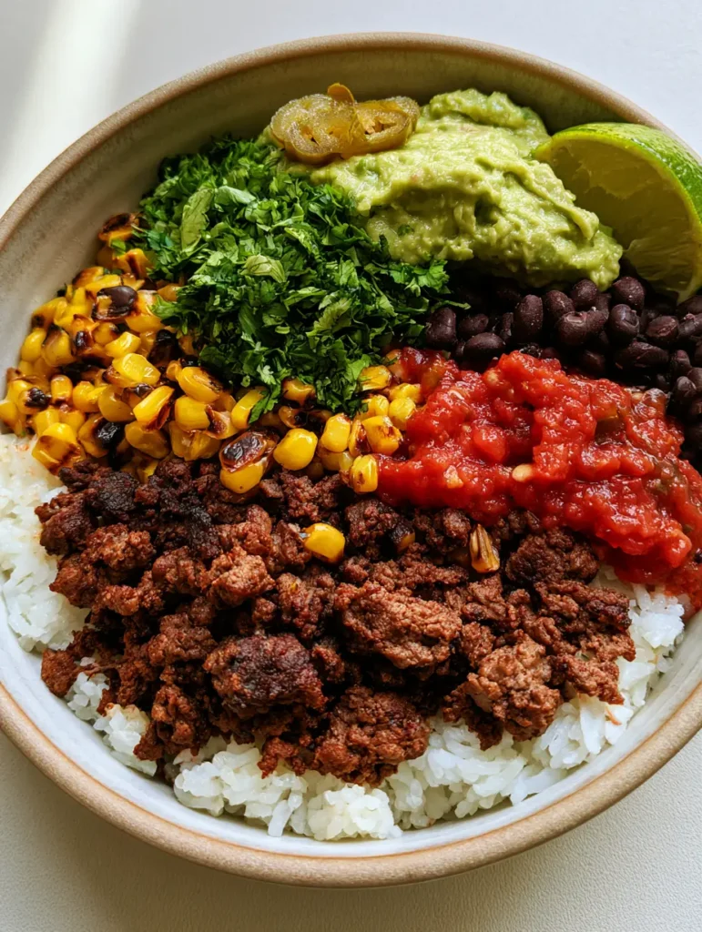 Healthy Taco Bowl Recipe: The Ultimate Guide to Crispy Beef and Charred Corn 1 Close up of charred sweet corn and seasoned crumbled ground beef in a Healthy Taco Bowl Recipe.