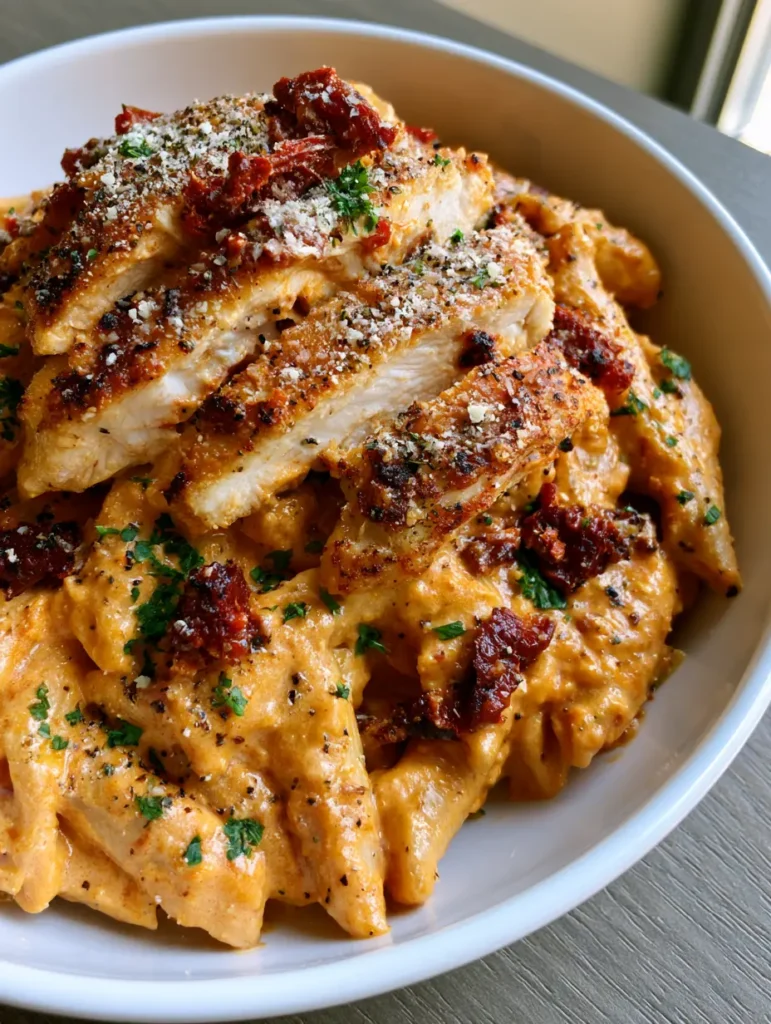 Golden-brown seared chicken breast slices layered over creamy penne pasta with emerald green parsley. (Marry Me Chicken Pasta)