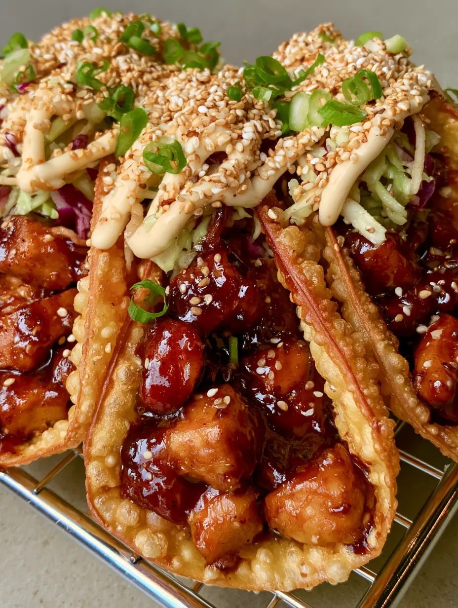 Teriyaki Chicken Wonton Tacos: The Ultimate Crispy Fusion Appetizer 3 A close-up smartphone photo of Teriyaki Chicken Wonton Tacos with shredded purple cabbage and white aioli drizzle.