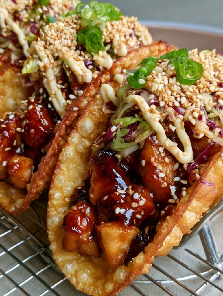 Teriyaki Chicken Wonton Tacos: The Ultimate Crispy Fusion Appetizer 1 Detailed view of the mahogany-colored teriyaki chicken inside a crispy deep-fried wonton shell.