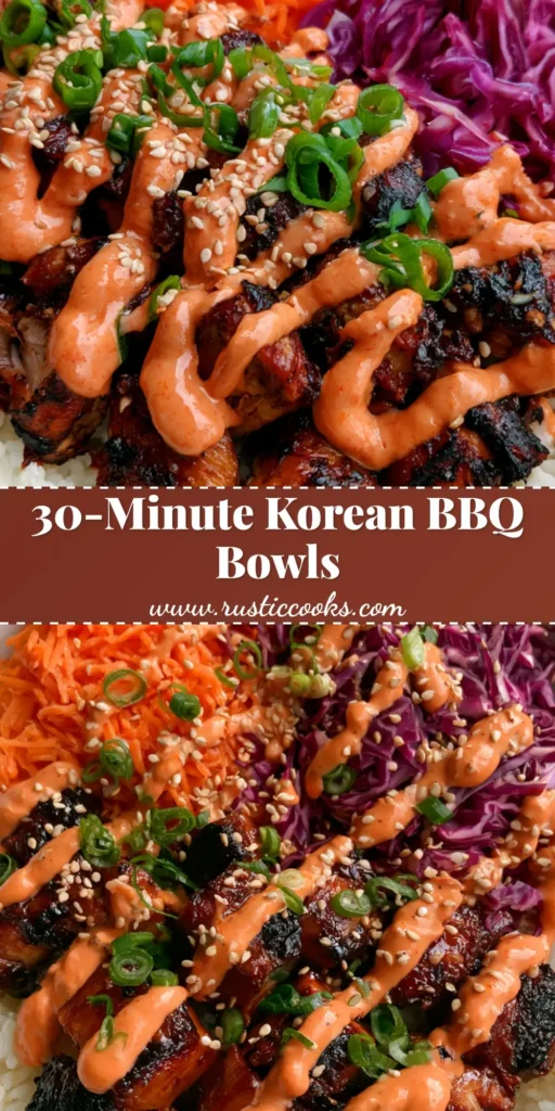 Korean BBQ Chicken Bowls with Creamy Gochujang Drizzle 5 A professional food photography shot of Korean BBQ Chicken Bowls featuring charred chicken, purple cabbage, and shredded carrots in a white bowl. (Korean BBQ Chicken Bowls)