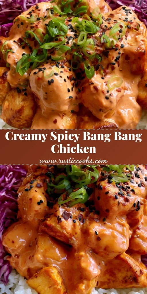 A handheld smartphone photo of a Bang Bang Chicken Bowl featuring seared golden-brown chicken in orange-pink sauce over white jasmine rice with shredded red cabbage, scallions, and black sesame seeds.