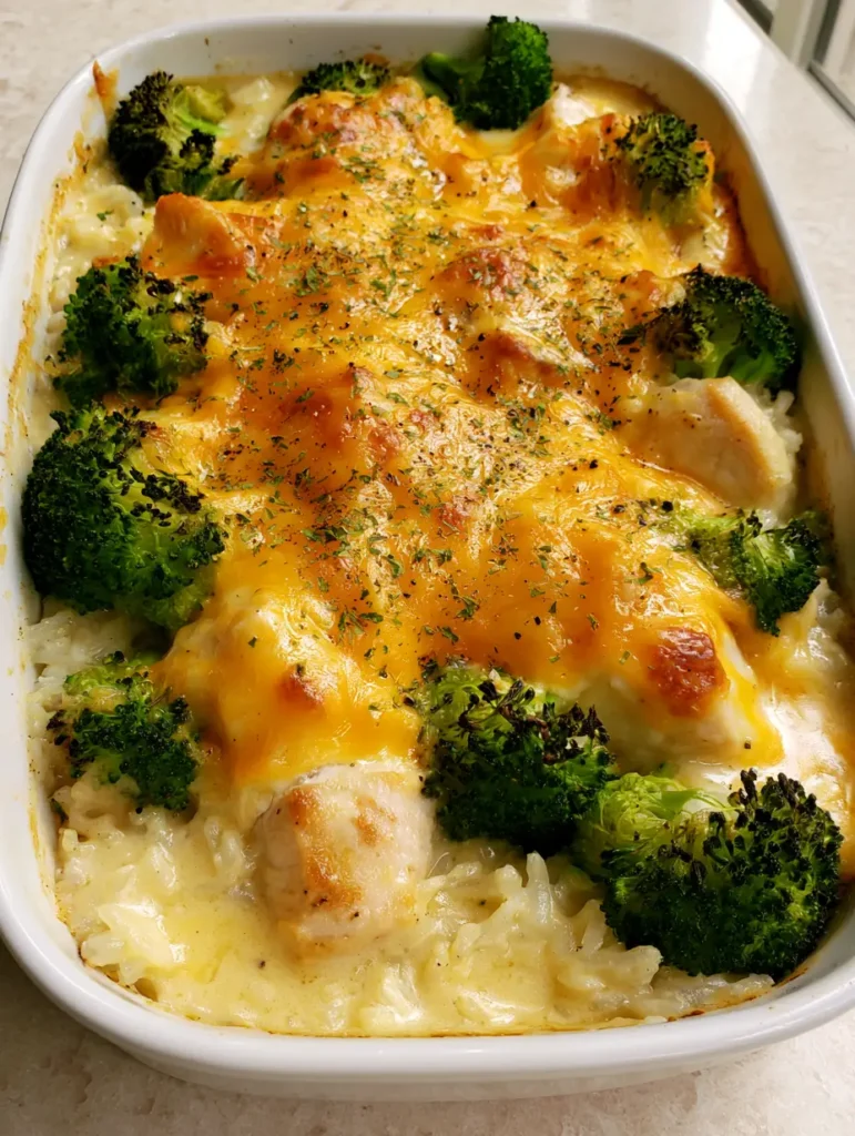 Chicken Broccoli Rice Casserole with Velvety Cream Sauce and Charred Broccoli 1 Smartphone photography style shot of Chicken Broccoli Rice Casserole with melted orange cheddar and black pepper flakes.
