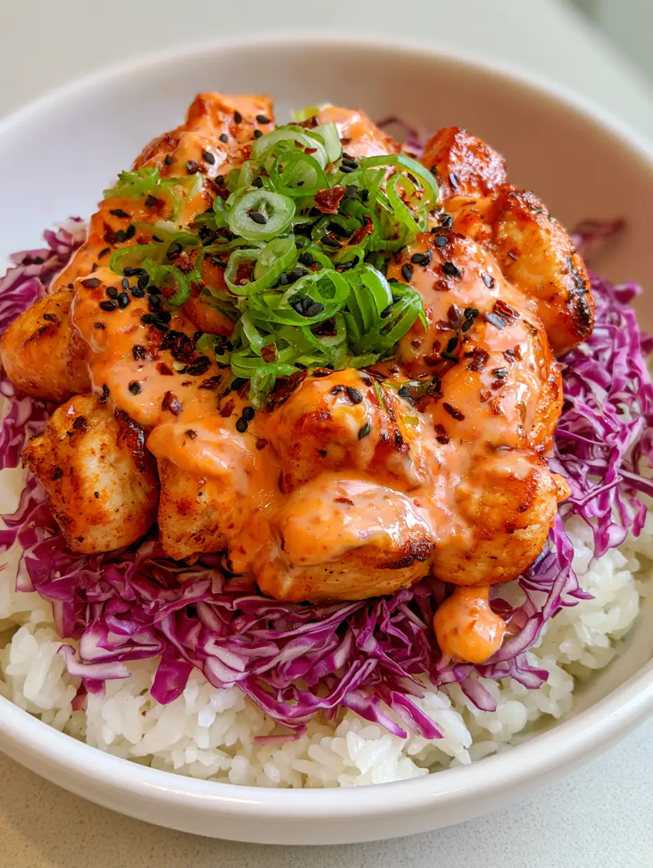 Top-down view of a Bang Bang Chicken Bowl with glossy orange-pink sauce coating seared chicken chunks, served with vibrant red cabbage and fluffy white jasmine rice.