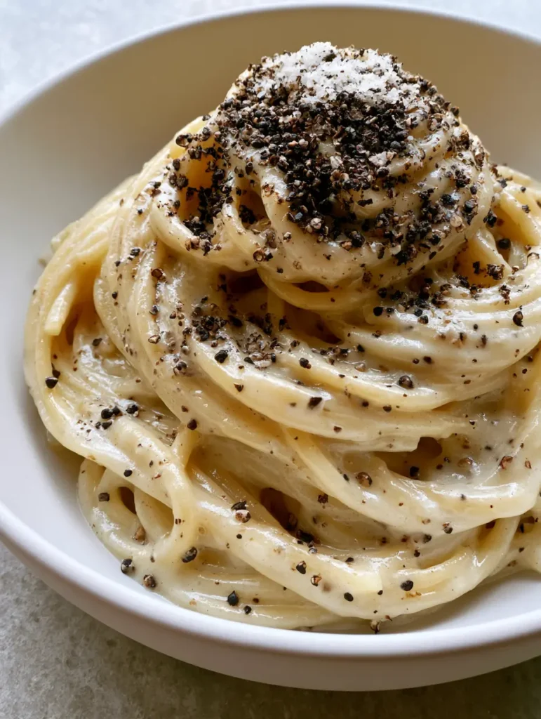 Authentic Cacio e Pepe: The Ultimate Guide to Rome’s Creamiest Pasta 1 Coarsely cracked black pepper scattered over a creamy mound of Cacio e Pepe pasta.