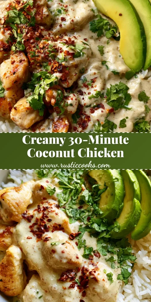 A top-down angled shot of a Coconut Chicken Rice Bowl in a matte white ceramic bowl featuring golden-seared chicken breast in a thick ivory coconut sauce, avocado slices, and cilantro.