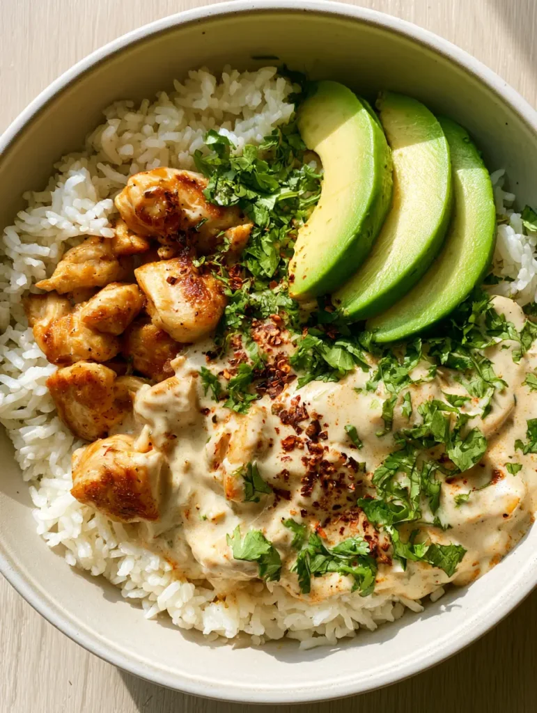 A full view of the Coconut Chicken Rice Bowl on a light wood tabletop showing the fluffy jasmine rice, avocado slices, and red chili flake garnish.