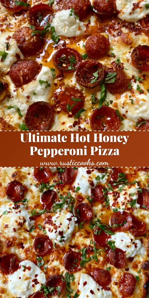Hot Honey Pepperoni Pizza: The Ultimate Crispy Flatbread Recipe 4 A rectangular Hot Honey Pepperoni Pizza with charred flatbread crust, curled pepperoni, and creamy ricotta dollops.