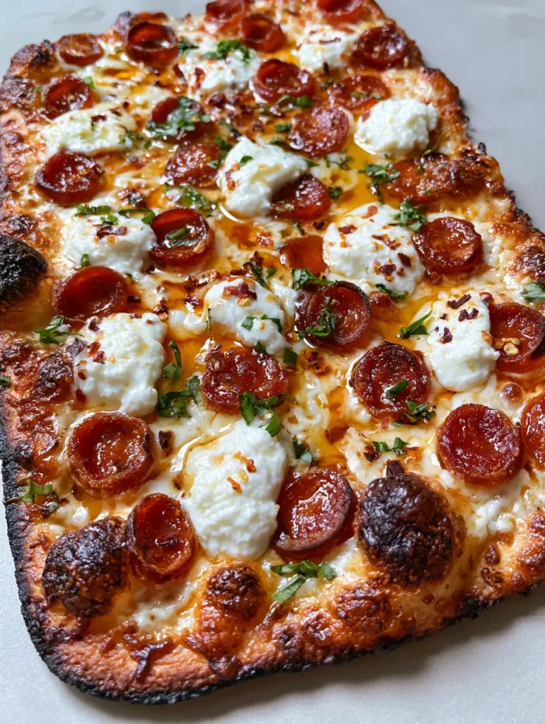 Hot Honey Pepperoni Pizza: The Ultimate Crispy Flatbread Recipe 2 Close up of a rectangular Hot Honey Pepperoni Pizza showing charred crust bubbles and glossy amber honey drizzle.