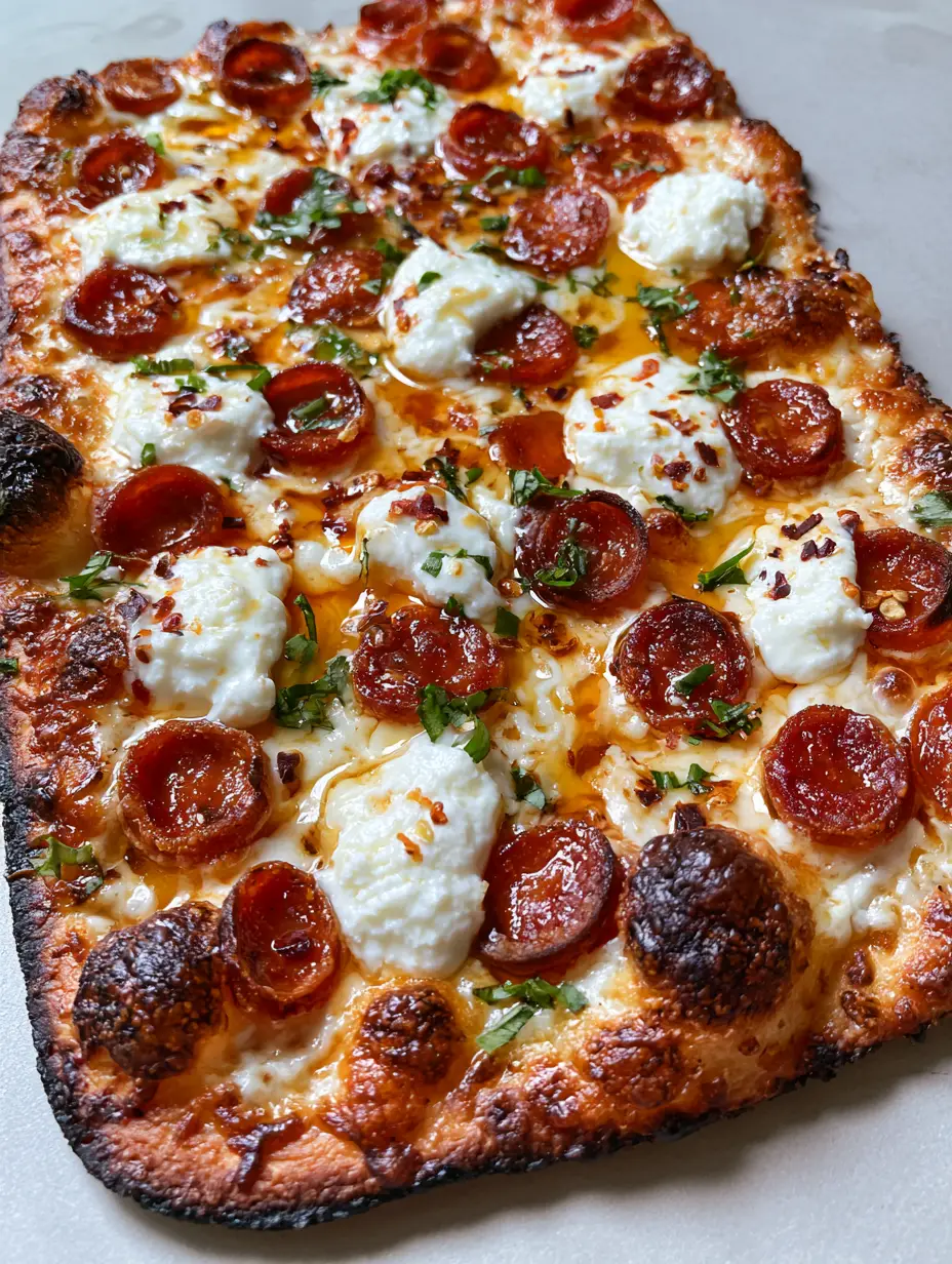Hot Honey Pepperoni Pizza: The Ultimate Crispy Flatbread Recipe 3 Close up of a rectangular Hot Honey Pepperoni Pizza showing charred crust bubbles and glossy amber honey drizzle.