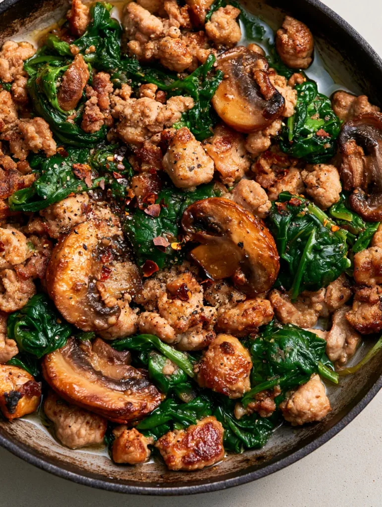 A glistening oil-coated Turkey Spinach Mushroom Skillet with red pepper flakes and coarse black pepper garnish.