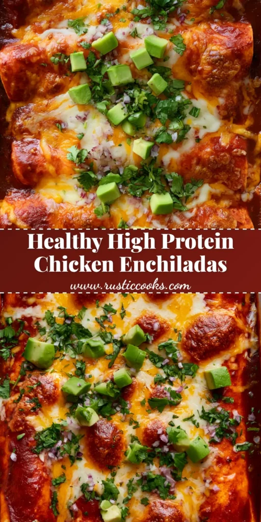 High Protein Chicken Enchiladas: The Ultimate Cheesy Shredded Thigh and Bean Bake 4 A close-up overhead shot of High Protein Chicken Enchiladas in a white ceramic dish featuring glossy red sauce and toasted cheese bubbles.